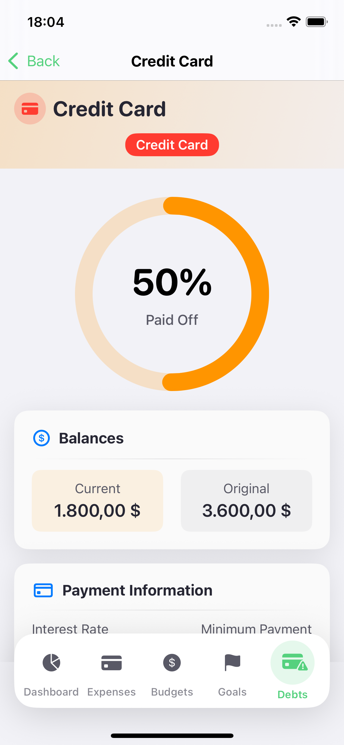 Debt details with payoff breakdown