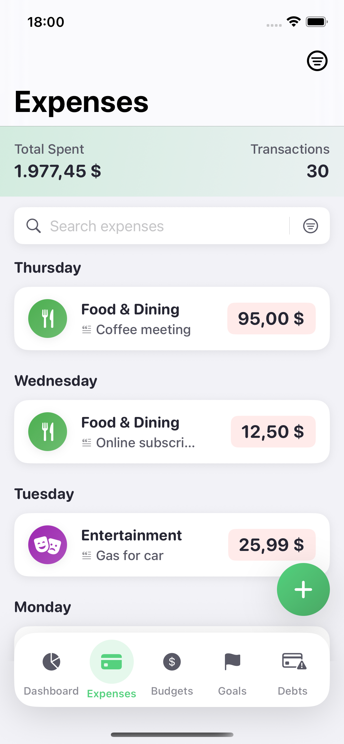 Expenses list with customizable categories