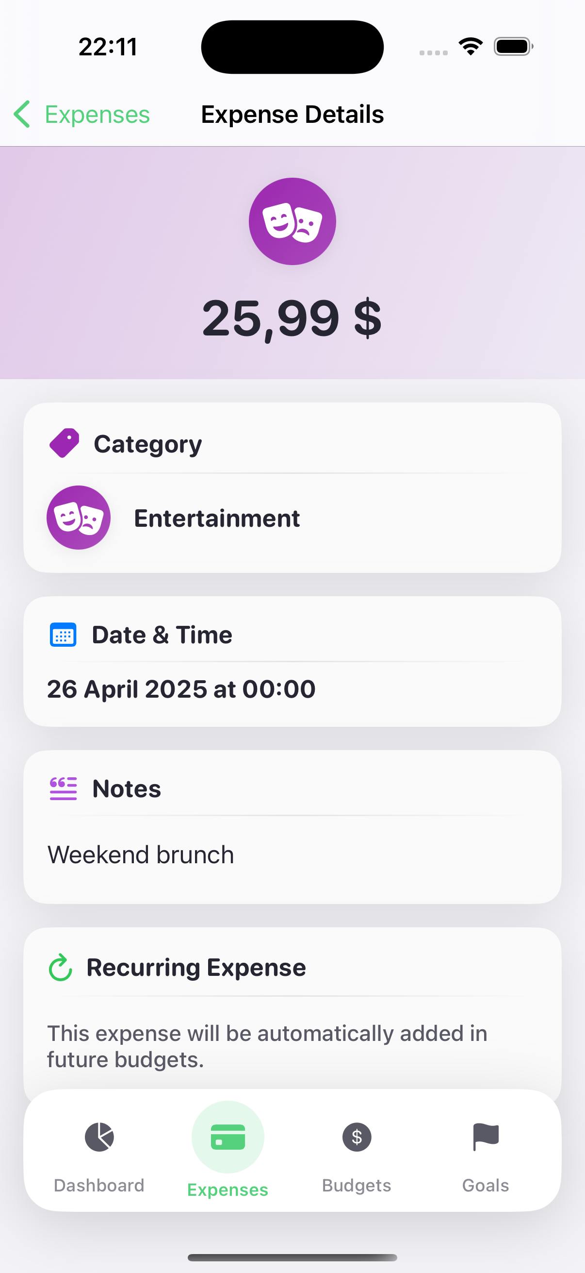 Goal details with progress history